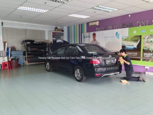 tint film installation in Breyton window tint shop on Toyota Vios