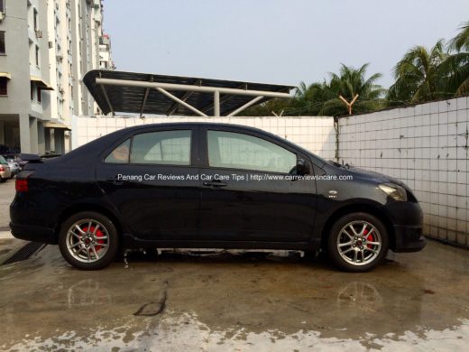 Side view of Toyota Vios painted brake calipers