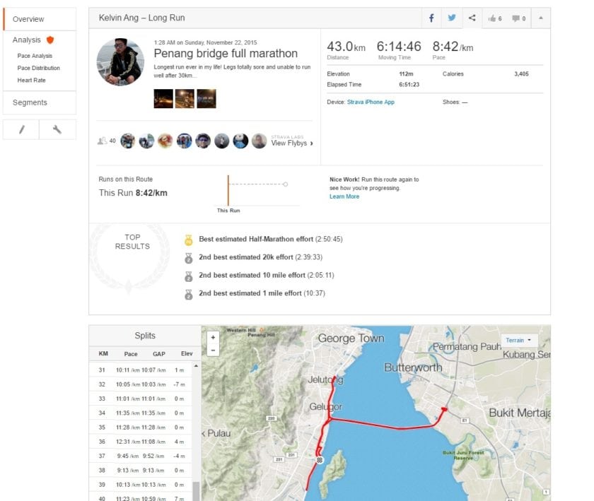 Penang Bridge full marathon 42km Strava Overview