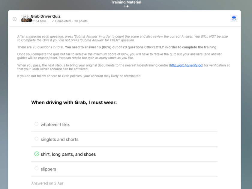 Grab Driving Training/Quiz