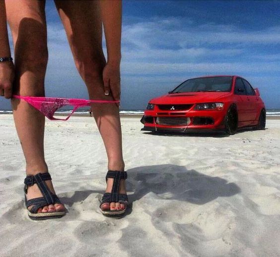 Red underwear with Evo Lancer by the Beach